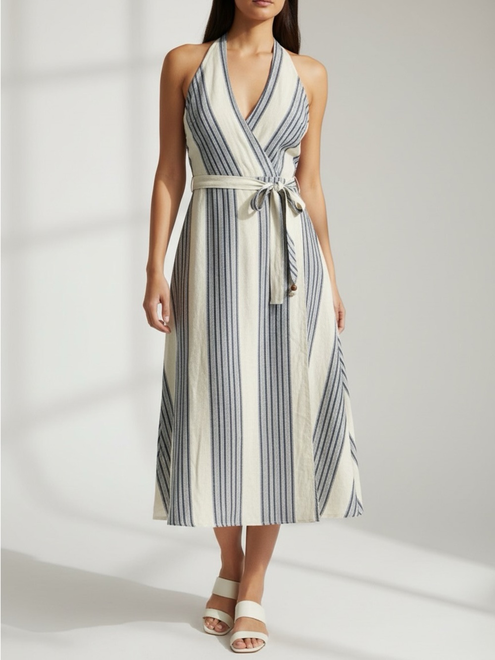 New 1. State Cream and Navy Striped Halter Wrap Midi Dress size XL